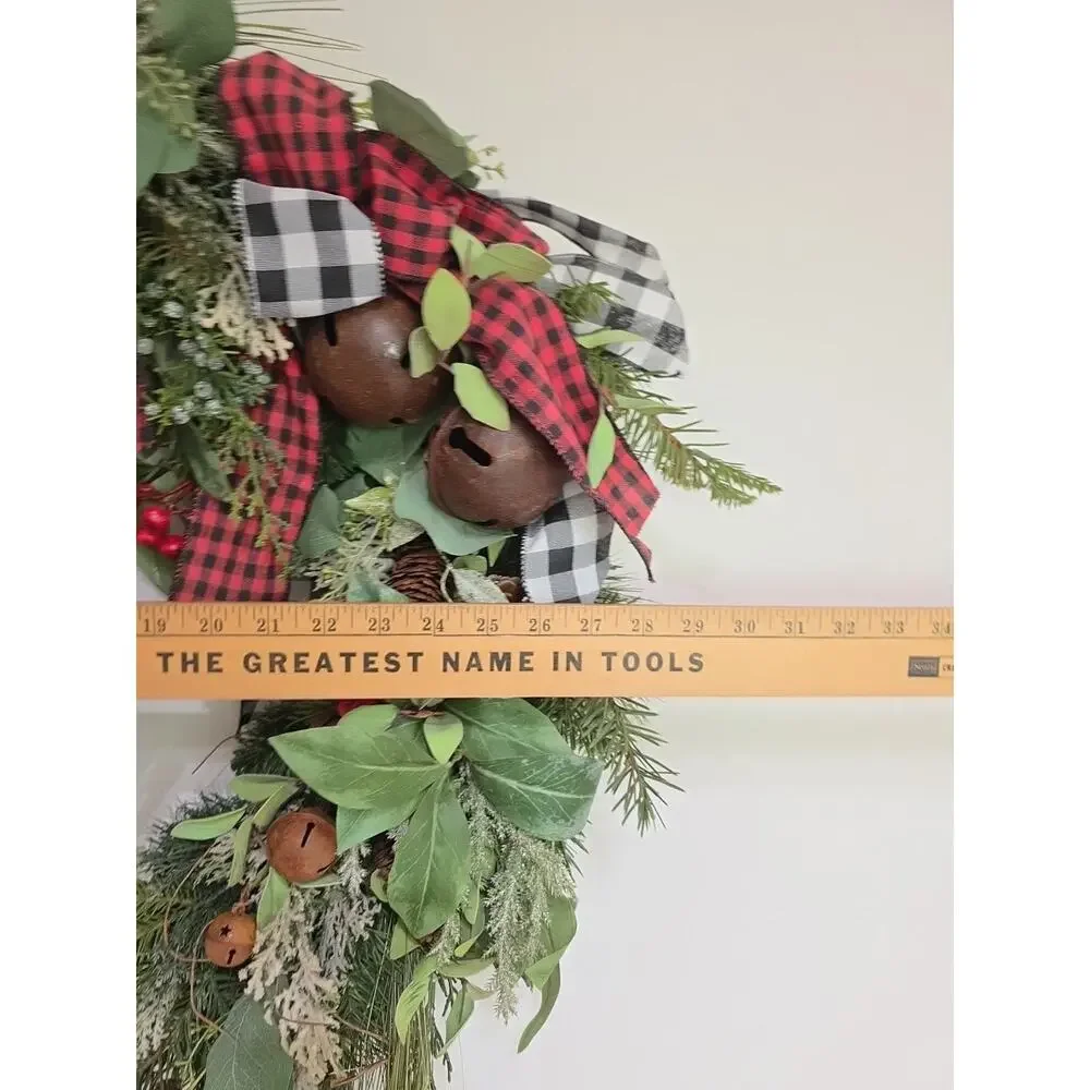 Handmade Buffalo Plaid Farmhouse Christmas Wreath Bells Berries Pinecones